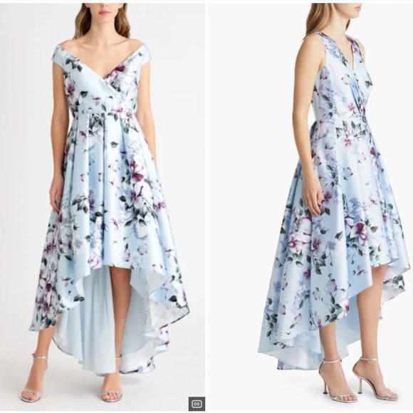 ELIZA J FLORAL PRINT HIGH LOW HEM SKY COMBO DRESS sz 4 - Picture 2 of 5